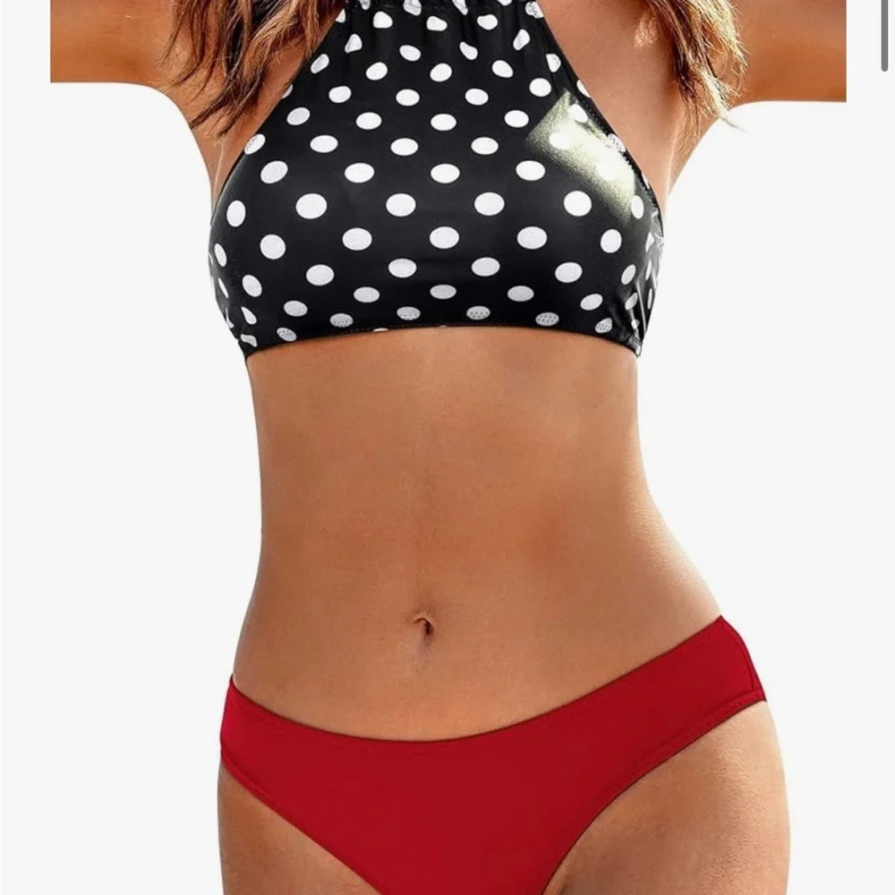 Stylish Polka Dot Bikini Top with Vibrant Red Bottoms